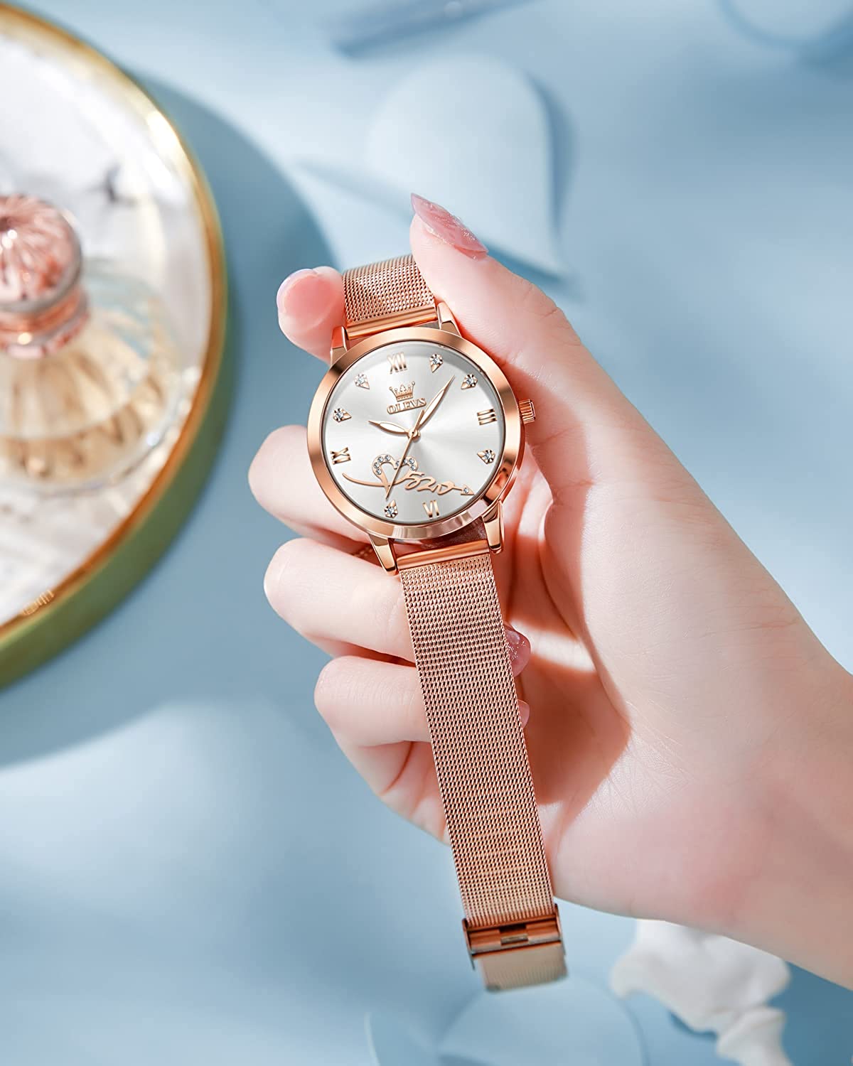 OLEVS Women's Rose Gold Watches Heart Diamond Japanese Quartz Movement Girls Ladies Wristwatch Big Face Waterproof Mesh Belt Watch and Bracelet Set Valentines Day Gifts - Image 2